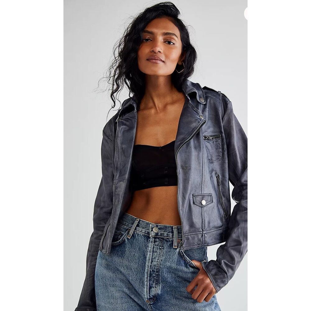 Jakett JKT NYC Piper Womens Leather Biker Motorcycle Jacket Gray‎ Size Medium